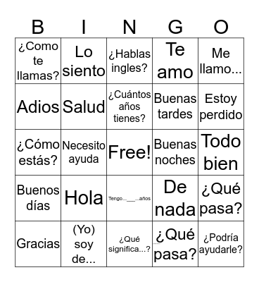 SPANISH BINGO Card