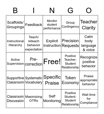 Instructional Priorities Bingo Card