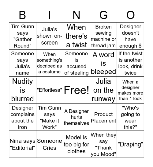 Project Runway S1 Marathon: Queen Daphne Edition Bingo Card