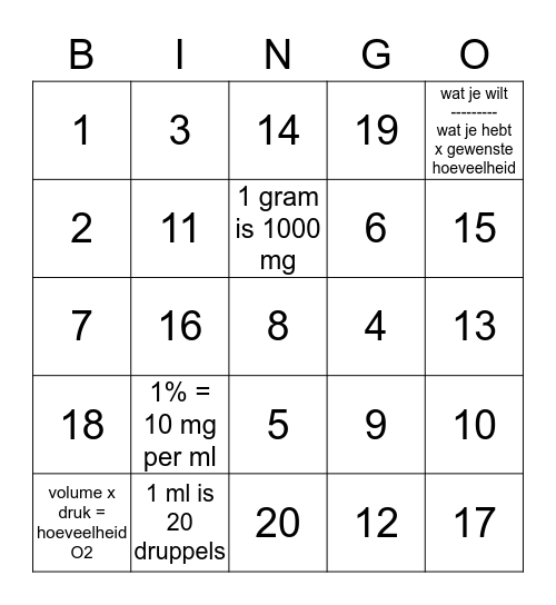 Verpleegkundig rekenen bingo Card