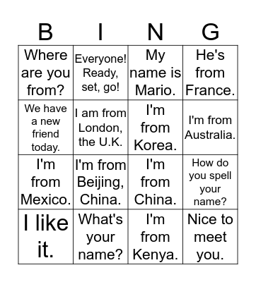 5-1  I am from Mexico. Bingo Card