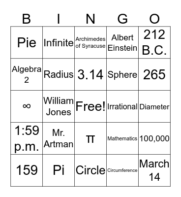 Pi Bingo! Bingo Card