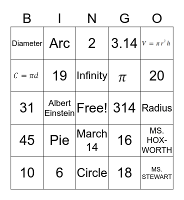 Pi Day Bingo Card