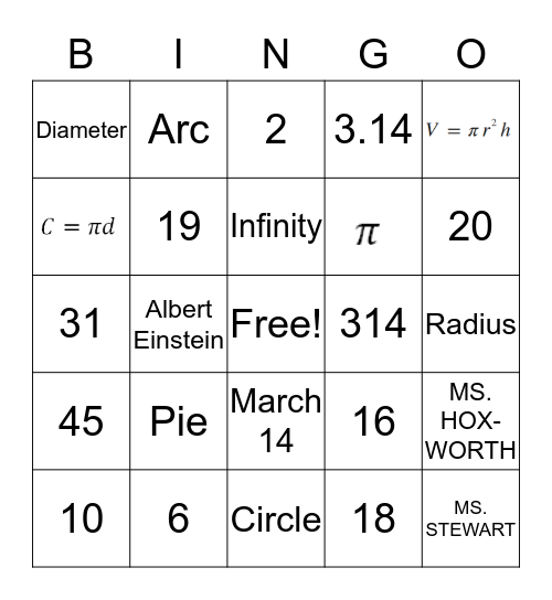 Pi Day Bingo Card