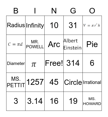 Pi Day Bingo Card