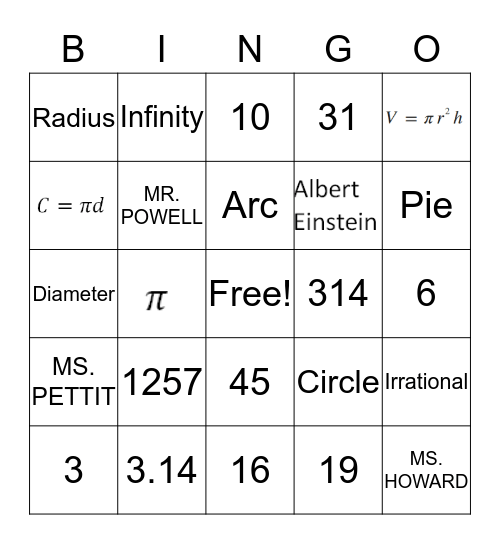 Pi Day Bingo Card