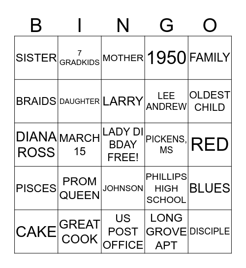 LADY DI BIRTHDAY Bingo Card