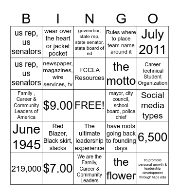 Answer Key FCCLA Bingo Card