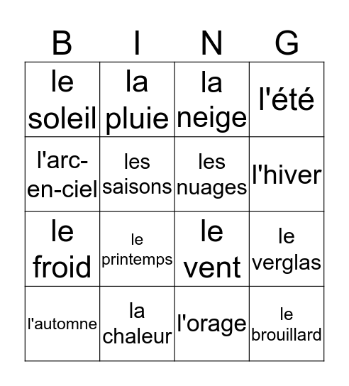 La météo Bingo Card