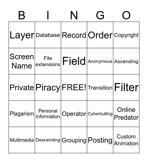 Technology Vocabulary Bingo Card