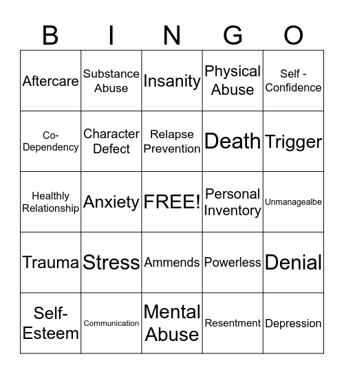 Substance Abuse Bingo Card