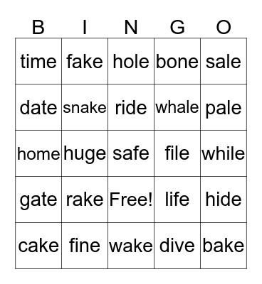 Silent 'e' Bingo Card