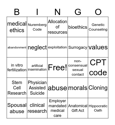 Medicine and Ethics Bingo Card