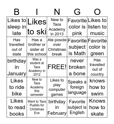 Getting to Know Each Other Bingo Card
