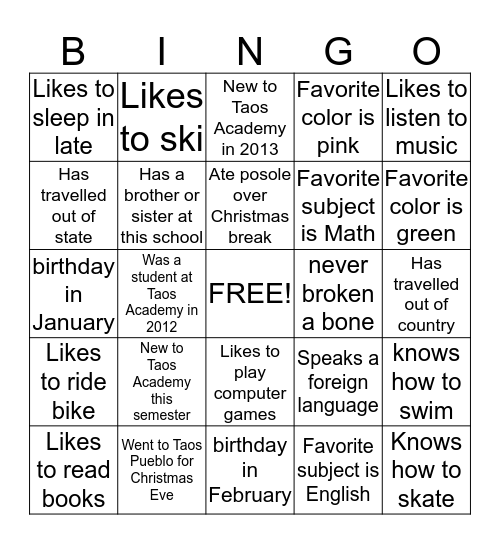 Getting to Know Each Other Bingo Card