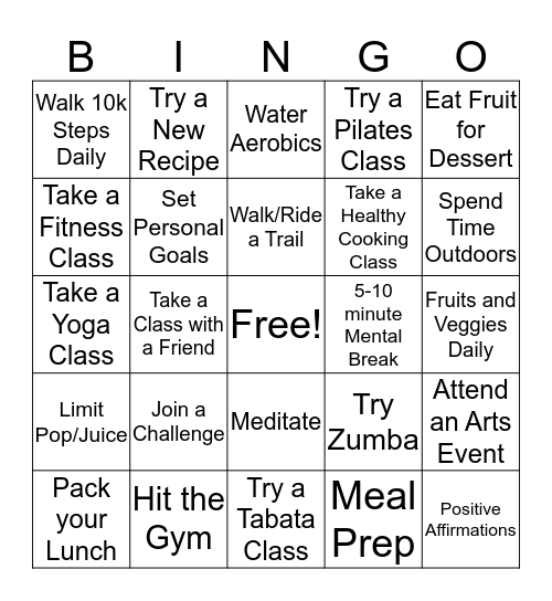 Let's Get Healthy Bingo Card