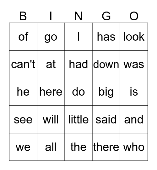 Level 1-3Y Sight Words Bingo Card