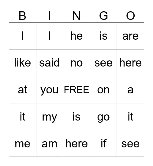 Snap Word Bingo Card