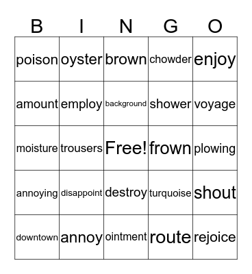Oi, oy, ow, and ou Bingo Card