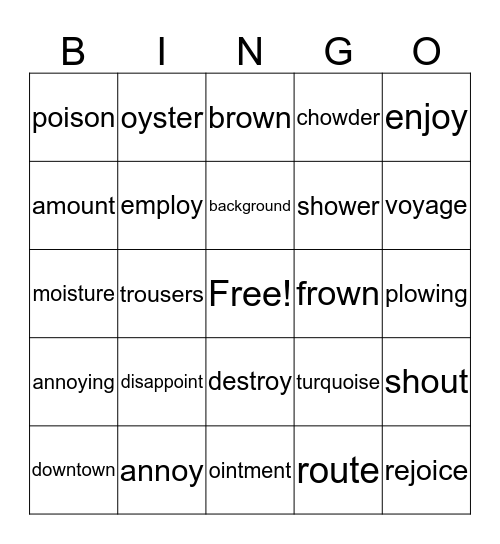 Oi, oy, ow, and ou Bingo Card