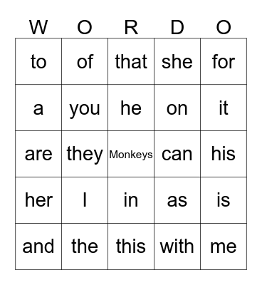 Sight Words Bingo Card