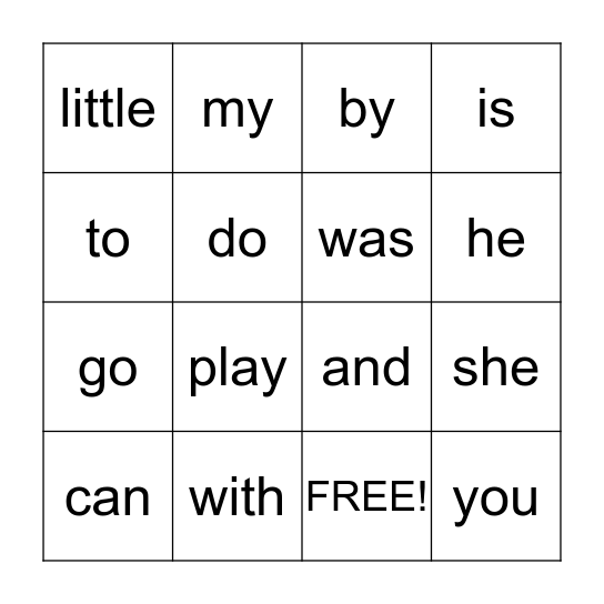 Sight Word Bingo Card