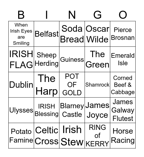 LUCKY IRISH BINGO Card