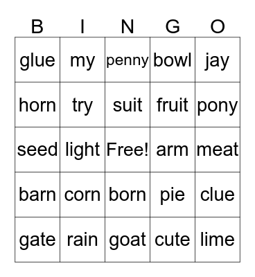 Long Vowels, Y as a Vowel, and Bossy R Bingo Card