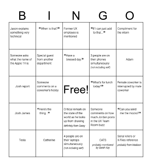 ux team mtg  Bingo Card