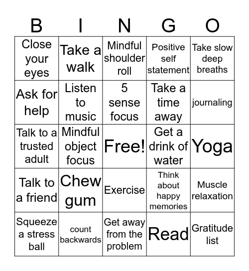 Relaxation Bingo Card