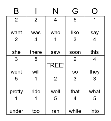 SIGHT WORDS BINGO Card