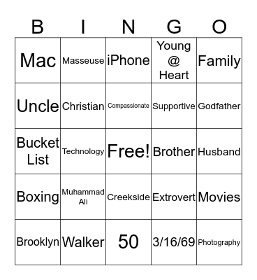Winn is 50! Bingo Card