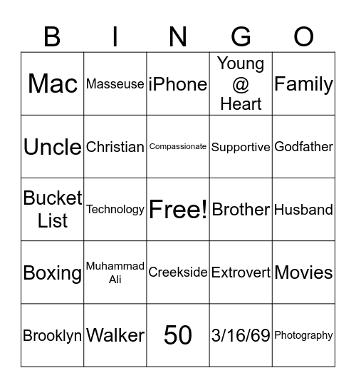 Winn is 50! Bingo Card