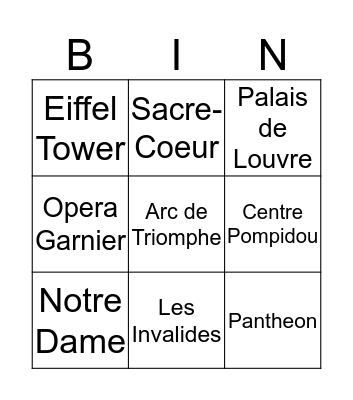 French Buildings Bingo Card