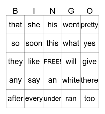 SIGHT WORDS BINGO Card