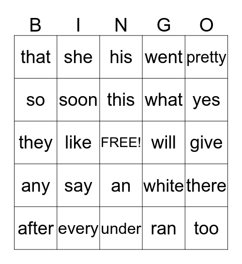 SIGHT WORDS BINGO Card