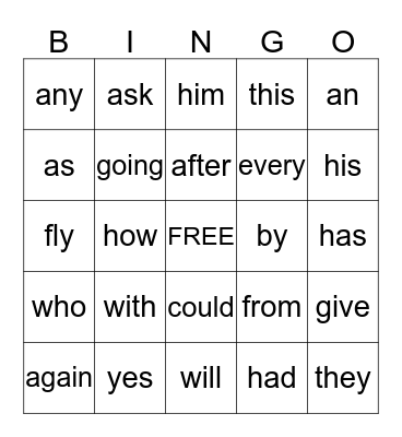 SIGHT WORDS BINGO Card