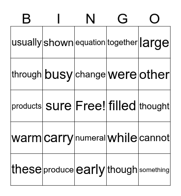Sight Word Bingo Card