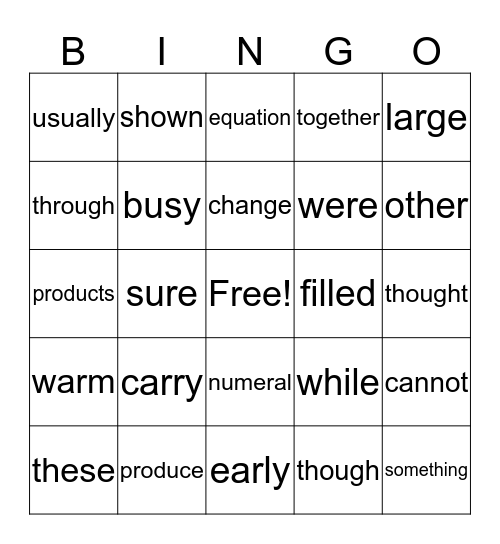 Sight Word Bingo Card