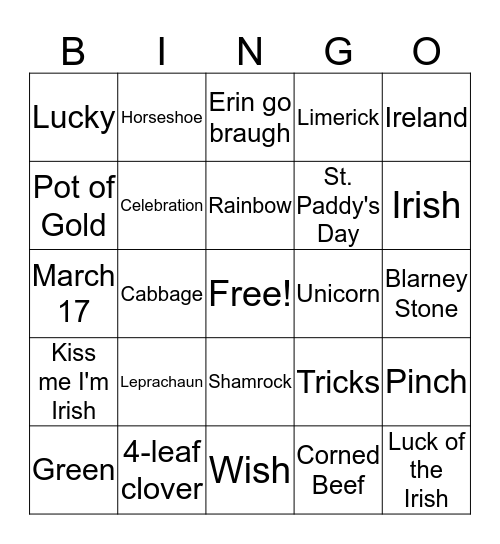 St. Patrick's Day Bingo Card