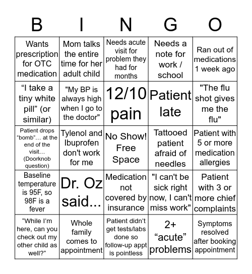 Medical Office Bingo Card