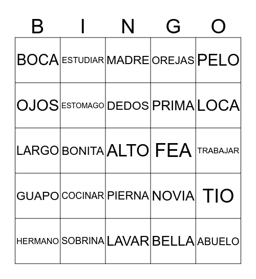 ESPANOL Bingo Card