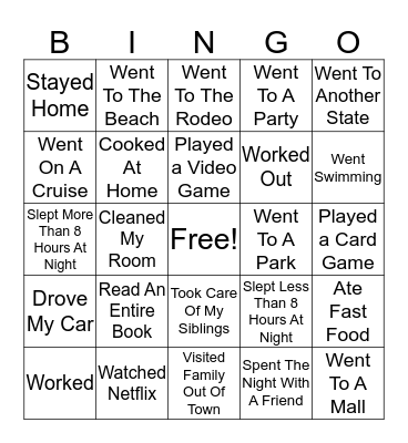 Spring Break Bingo Card