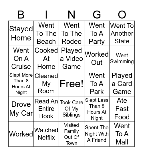 Spring Break Bingo Card