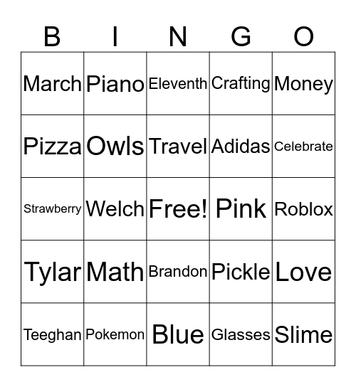 Teeghan Bingo Card