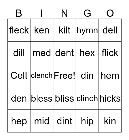 /e/ and /I/ Bingo Card