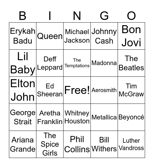 Musical Mashup Bingo Card