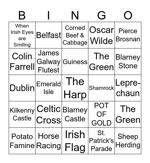 LUCKY IRISH BINGO Card