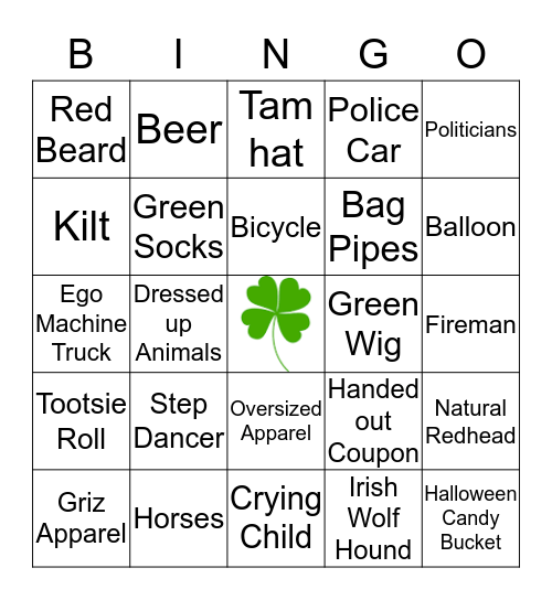 St. Patrick's Parade Bingo Card