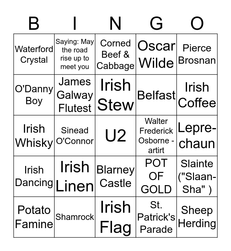 LUCKY IRISH BINGO Card